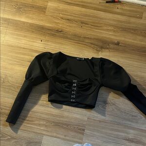 PrettyLittleThing Black Puff Sleeve Hook-Front Crop Top